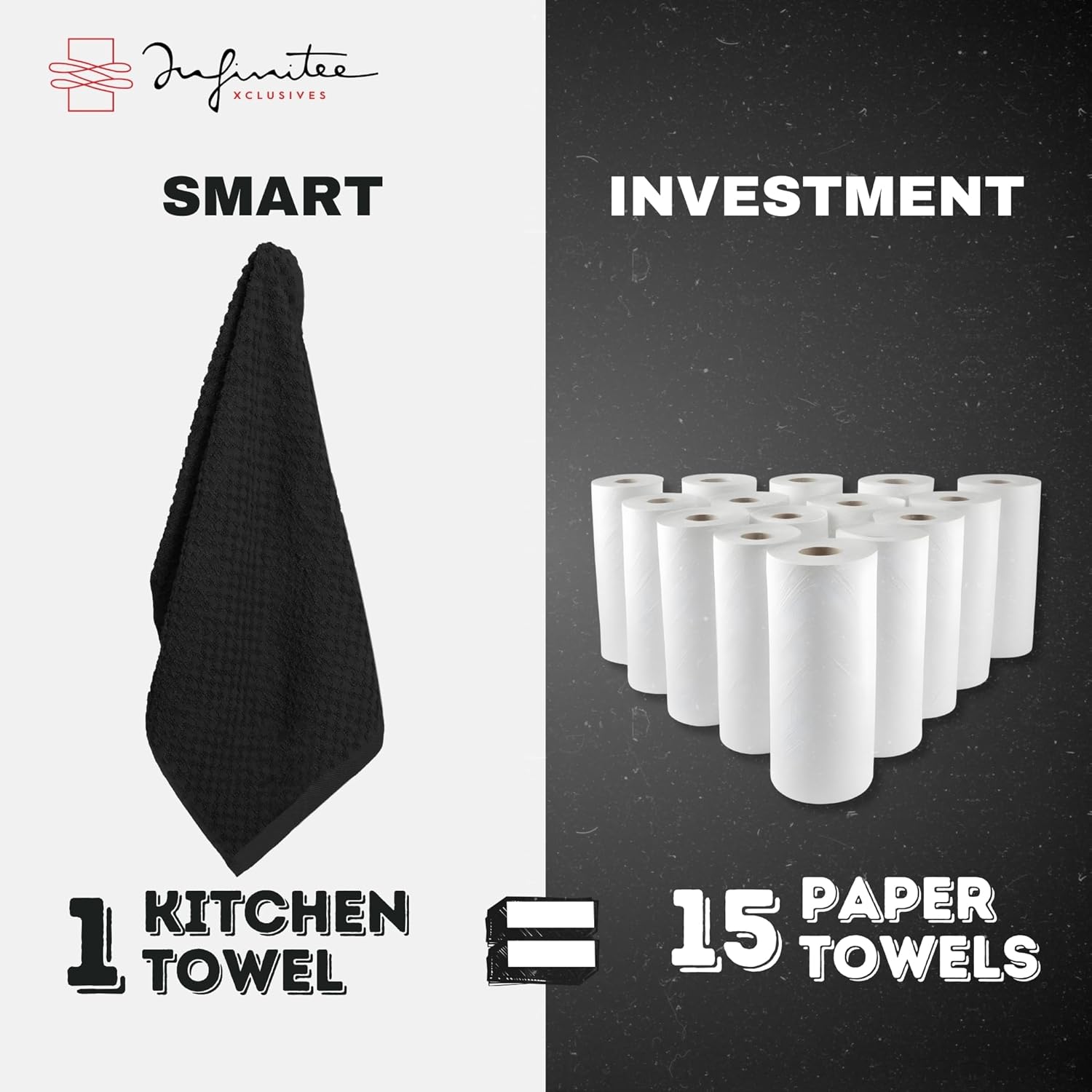 Premium Tea Towels | Pack of 12 | 100% Cotton |38 x 64 cm| Ultra Soft & Highly Absorbent Terry Dish Towels for Kitchen, Bar Towels for Daily Household Cleaning Use - Storm Black