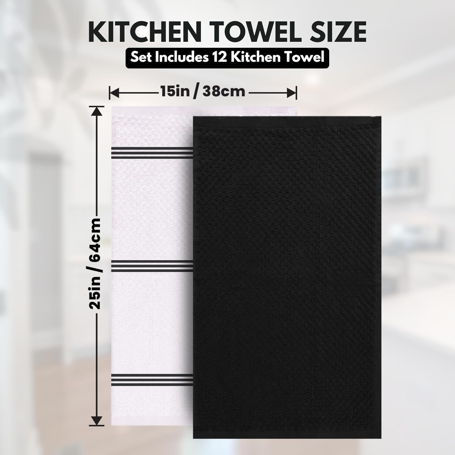 Premium Tea Towels | Pack of 12 | 100% Cotton |38 x 64 cm| Ultra Soft & Highly Absorbent Terry Dish Towels for Kitchen, Bar Towels for Daily Household Cleaning Use - Storm Black
