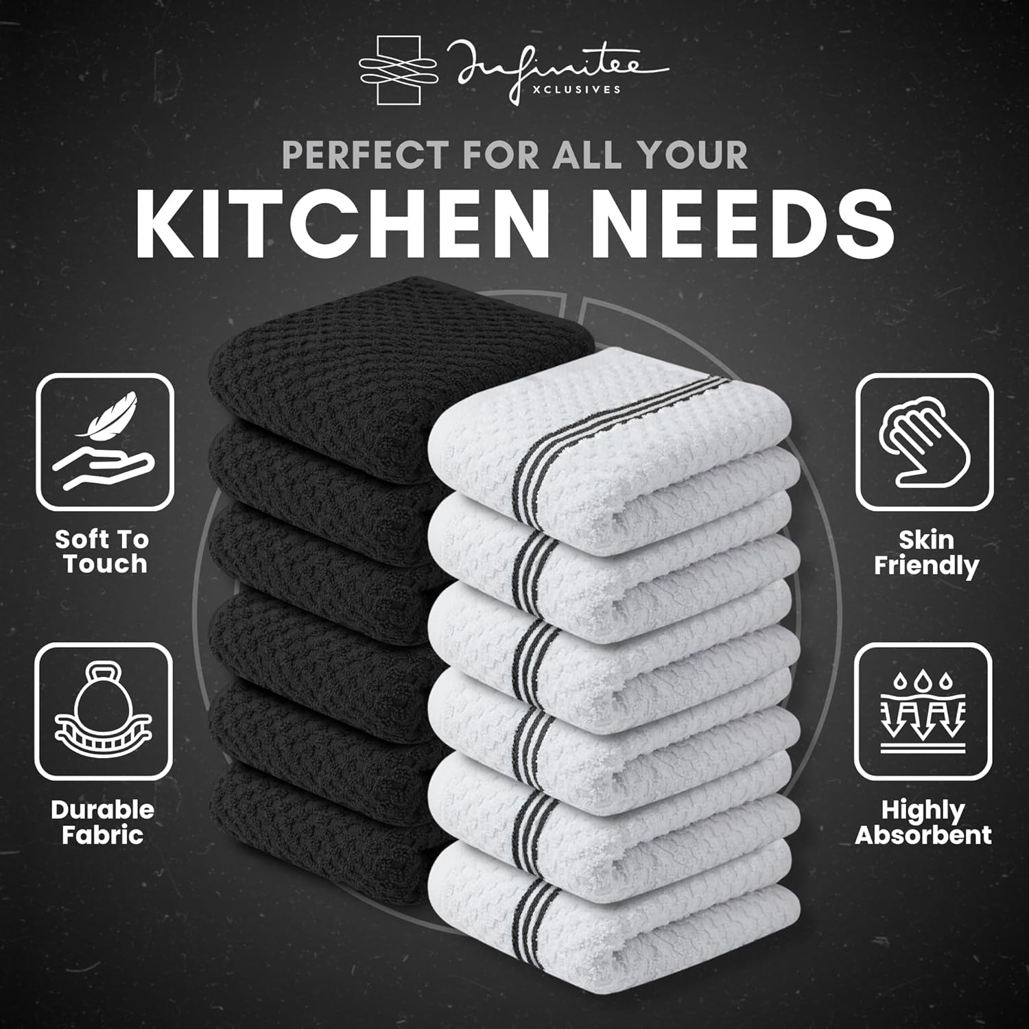 Premium Tea Towels | Pack of 12 | 100% Cotton |38 x 64 cm| Ultra Soft & Highly Absorbent Terry Dish Towels for Kitchen, Bar Towels for Daily Household Cleaning Use - Storm Black